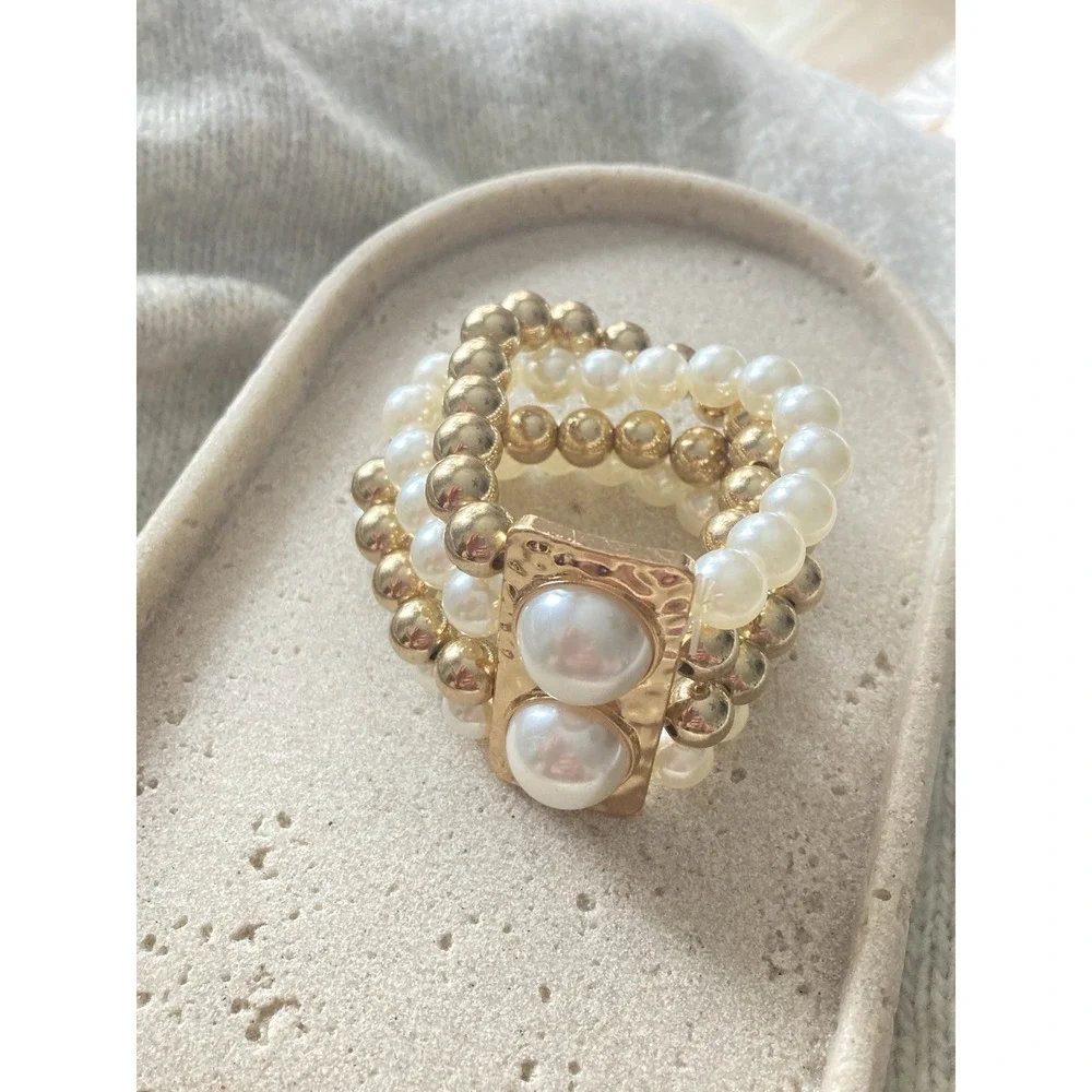 Gold Tone Faux Pearl Stretch Bracelet‎ Set Stacked Beaded Hammered Bold Glam